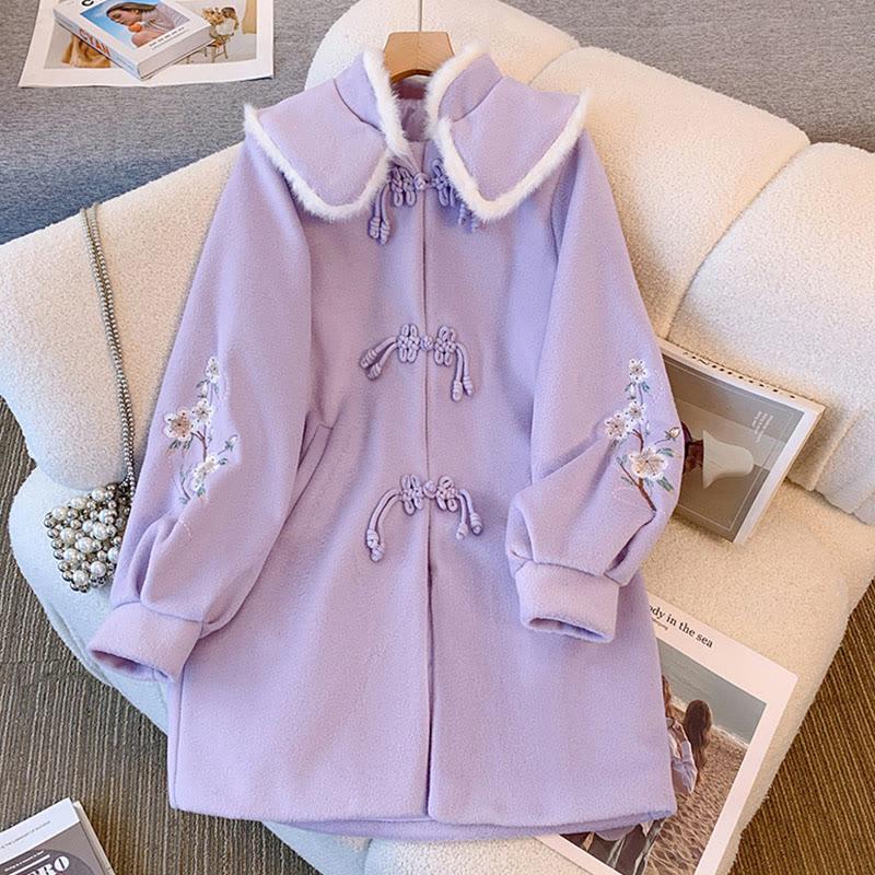 Vintage Flower Embroidery Buckle Coat  |   Sweater Clothing Purple