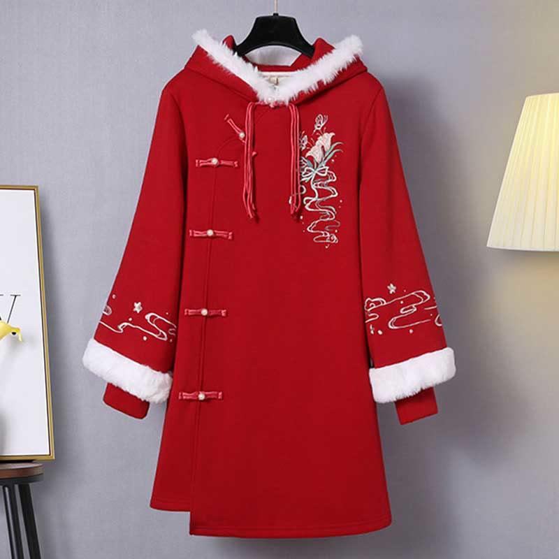 Vintage Flower Embroidery Buckle Hooded Sweatshirt Dress  |   Sweater Clothing Red