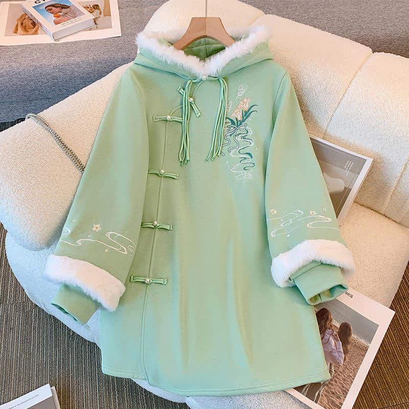 Vintage Flower Embroidery Buckle Plush Hooded Sweatshirt Dress  |   Dresses Clothing Dresses