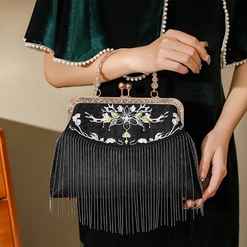 Vintage Flower Embroidery Fringed Chain Crossbody Bag  |   Crossbody Bag Bags Black