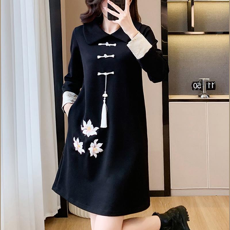 Vintage Flower Embroidery Sweatshirt Dress With Tassels  |   Sweatshirts & Hoodies Clothing Black