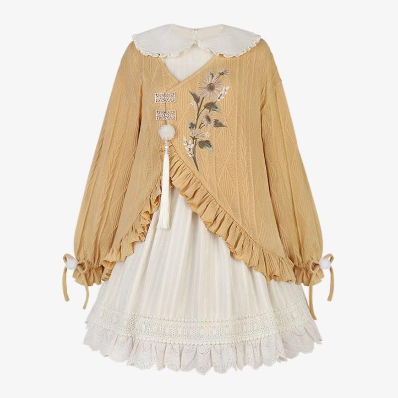 Vintage Flower Embroidery Tassel Buckle Top Stripe Print Lace Dress Two Pieces  |   Dresses Clothing Dress