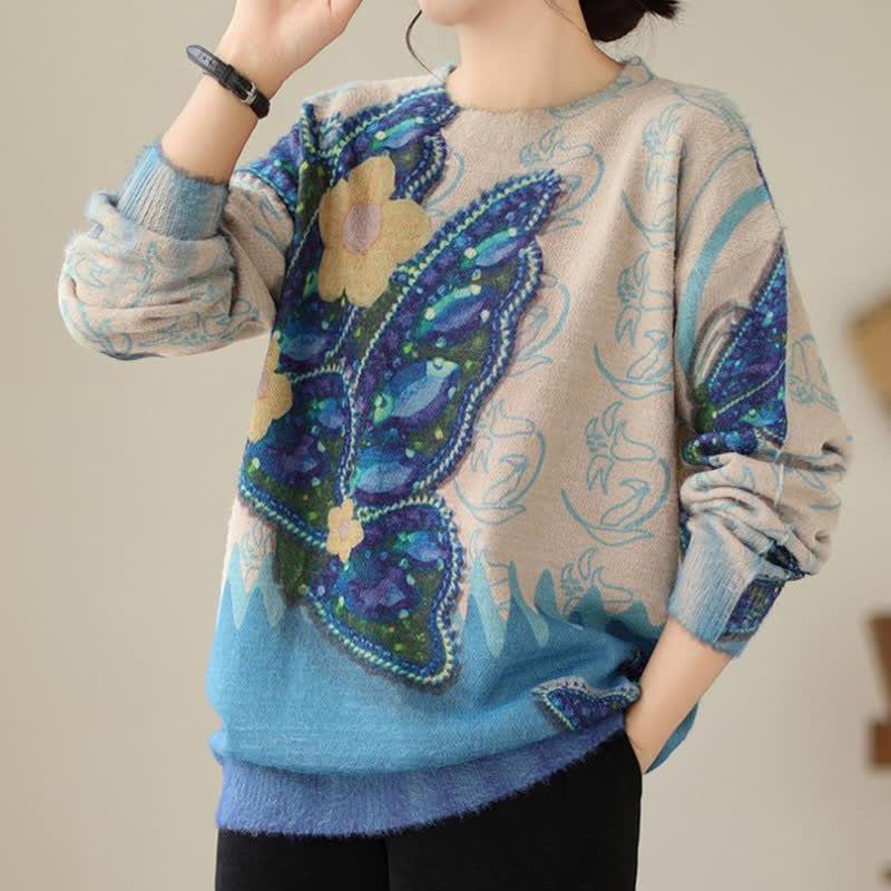 Vintage Flower Print Round Collar Sweater  |   Sweater Clothing Blue