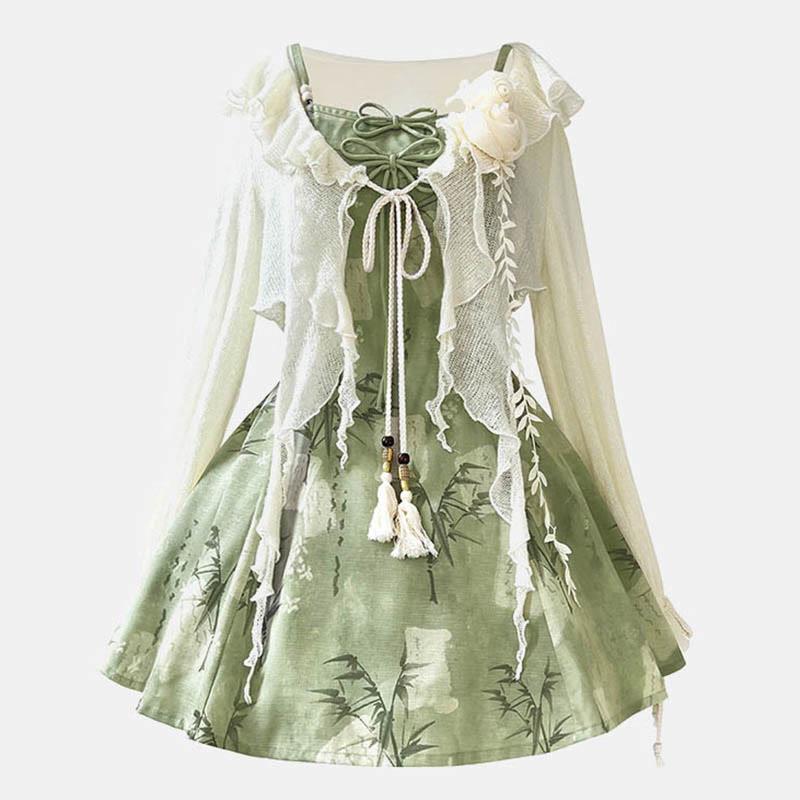 Vintage Flower Top Bow Leaf Print Slip Dress Two Pieces  |   Dresses Clothing Dress