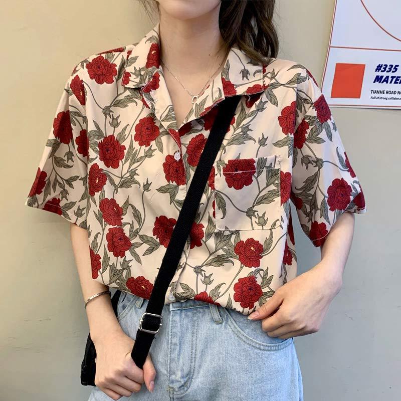 Vintage Flowers Print Pocket Loose T-Shirt  |   T-Shirts Clothing Apricot