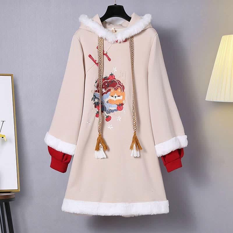 Vintage Fox Embroidery Buckle Plush Hooded Sweatshirt Dress  |   Dresses Clothing Apricot