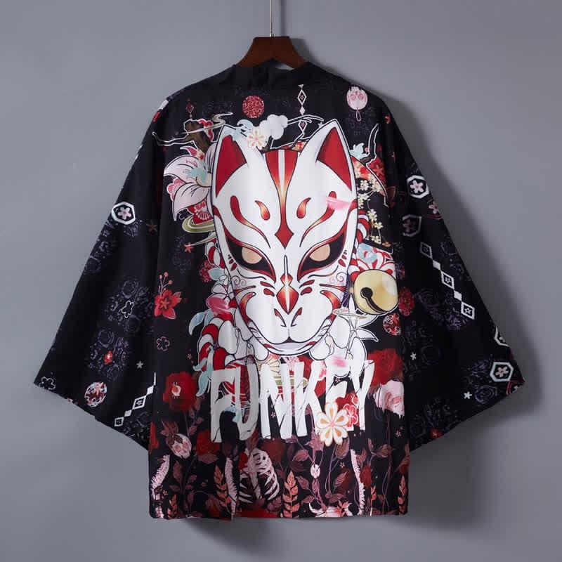 Vintage Fox Mask Print Cardigan Kimono Outerwear  |   Outerwear Clothing Black(Better Quality)