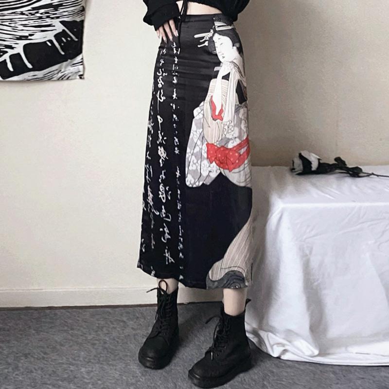 Vintage Fox Print Split Skirt  |   Skirts Clothing Black