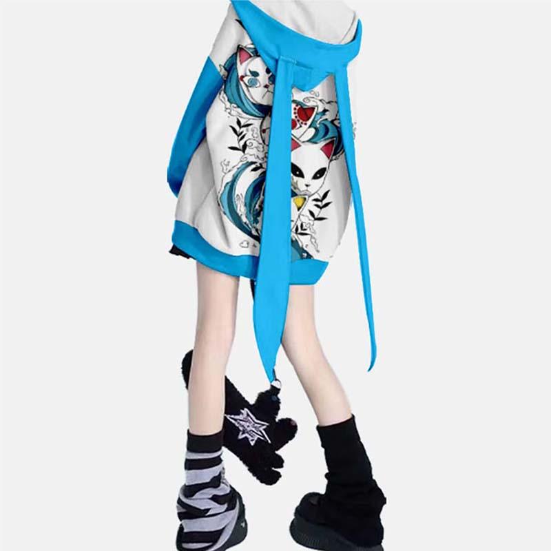 Vintage Fox Print Zipper Long Bunny Ears Hoodie  |   Sweatshirts & Hoodies Clothing Blue