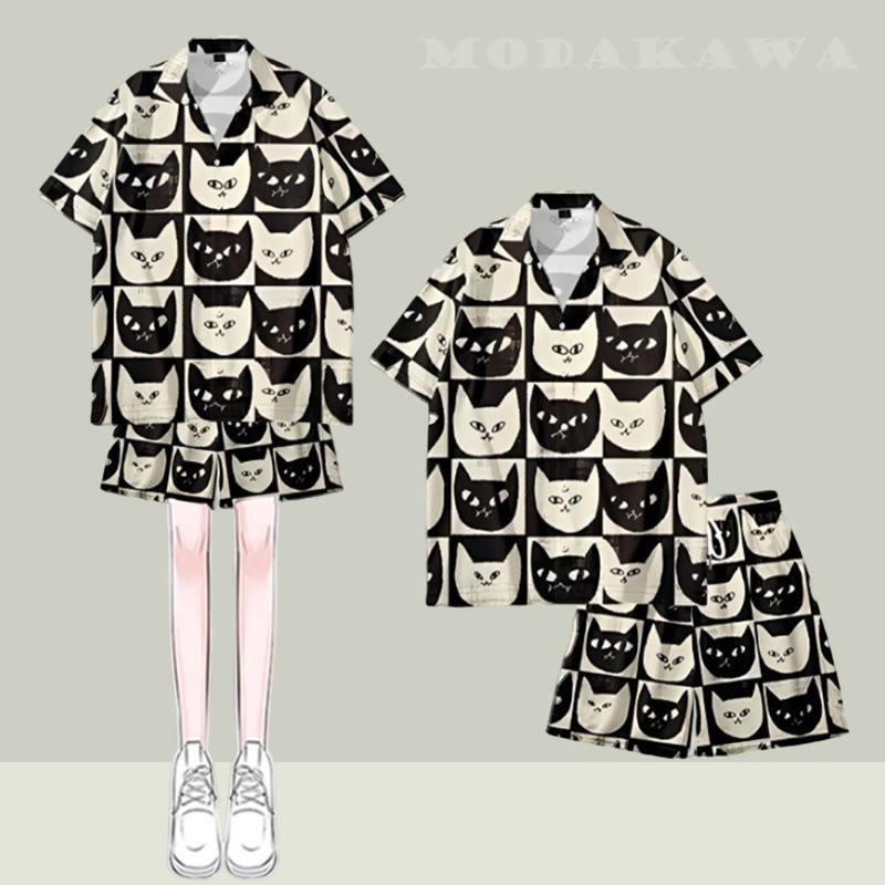 Vintage Grid Kitty Pattern Loose T-Shirt Shorts  |   T-Shirts Clothing Set