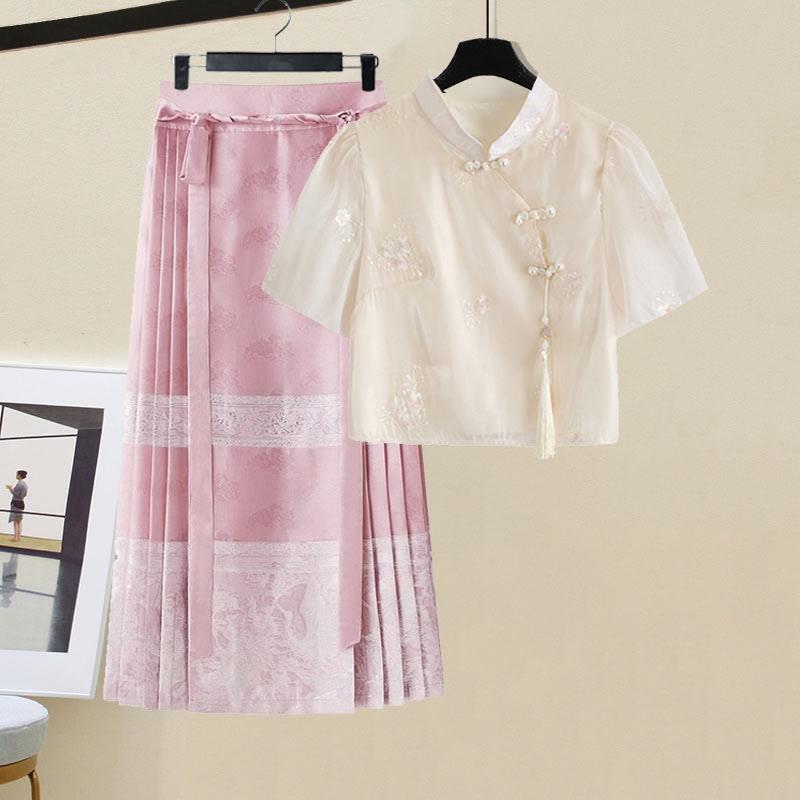 Vintage Hanfu Buckle T-Shirt Lace Up Crane Embroidery Pleated Skirt  |   T-Shirts Clothing Set