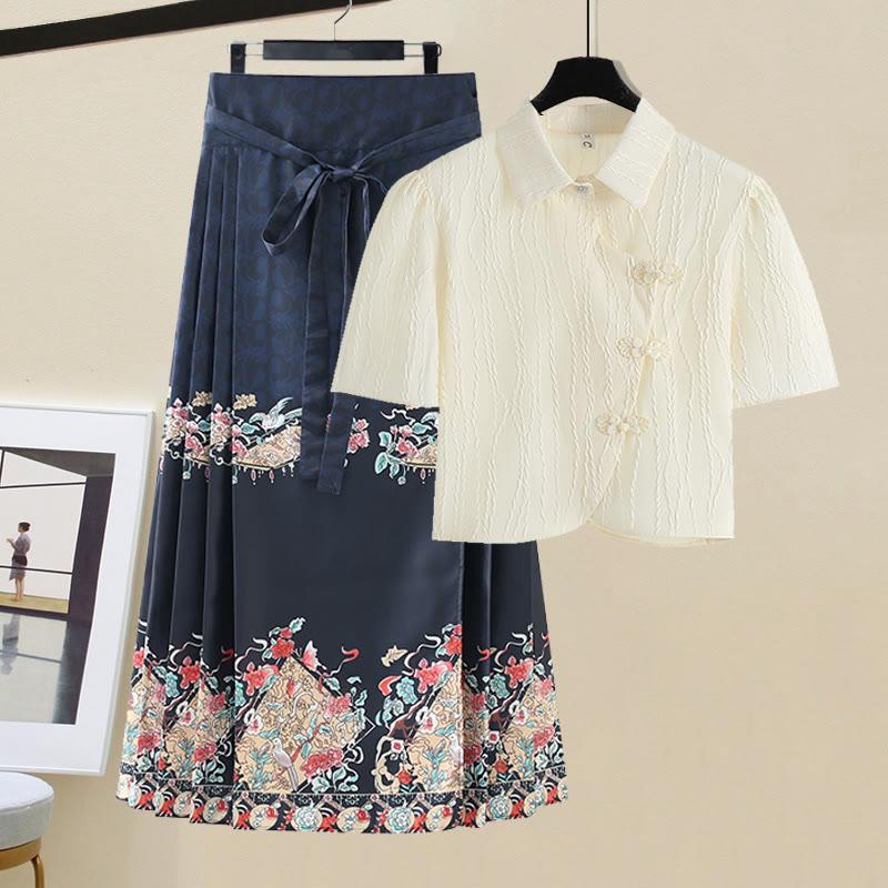 Vintage Hanfu Buckle T-Shirt Lace Up Graghic Print Pleated Skirt  |   T-Shirts Clothing Set