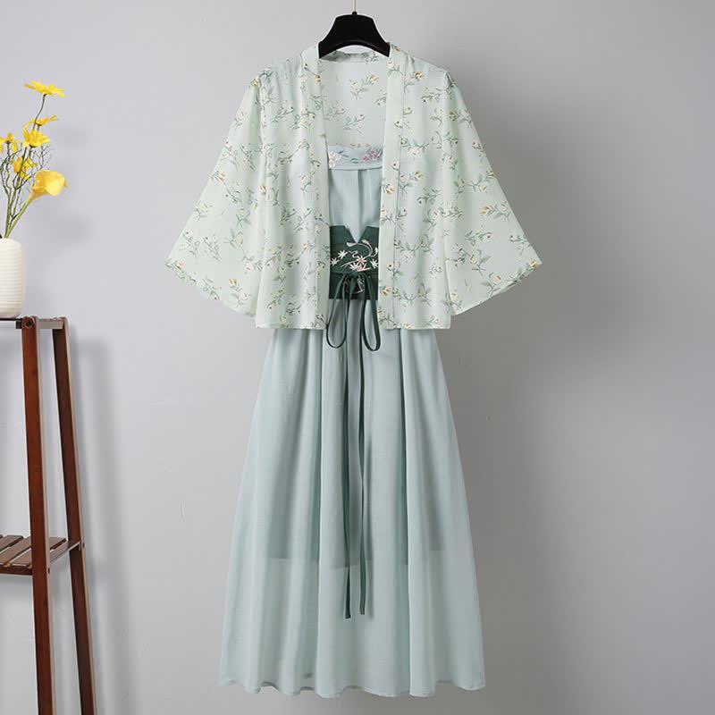 Vintage Hanfu Floral Print Cardigan Embroidery Lace Up Slip Dress  |   Dresses Clothing Cardigan