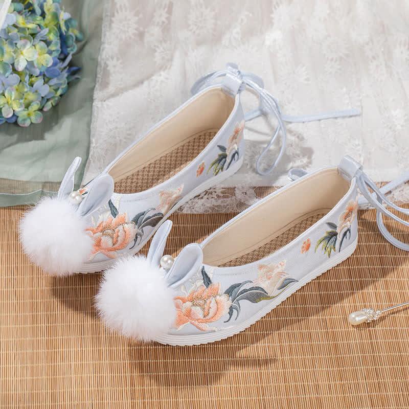 Vintage Kitty Blossom Embroidery Bunny Ears Flats Shoes  |   Sneakers Shoes Blue