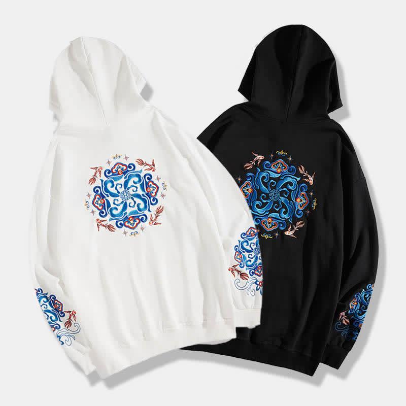 Vintage Koi Fish Embroidery Pocketed Casual Hoodie  |   Sweatshirts & Hoodies Clothing Black