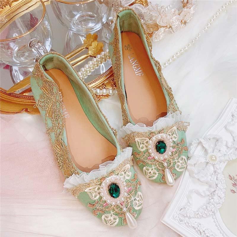 Vintage Lace Pearl Rhinestone Embroidery Flat Shoes  |   Mary Janes & Flats Mary Janes & Flats Green