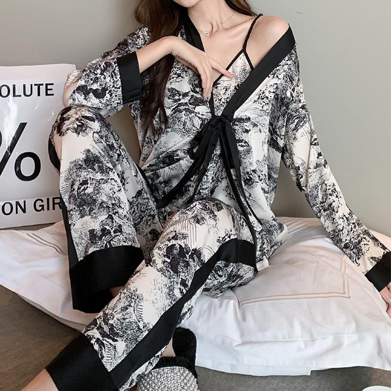 Vintage Lace-Up Floral Print Top Pants Robe Pajamas Set  |   Pajamas Clothing Pajamas