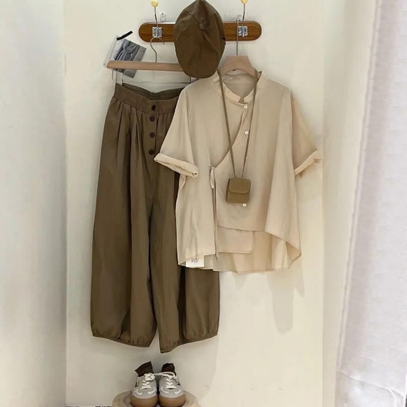 Vintage Lace-Up Top Brown Loose Pants Set  |   T-Shirts Clothing Pants