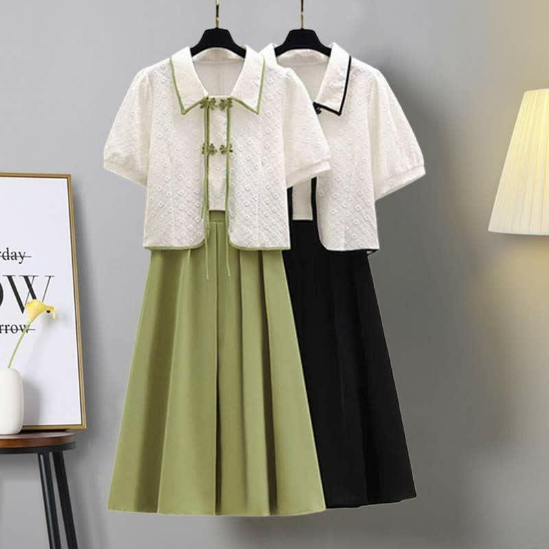 Vintage Lapel Buckle Top Pleated Skirt Two Pieces Set  |   Dresses Clothing Black