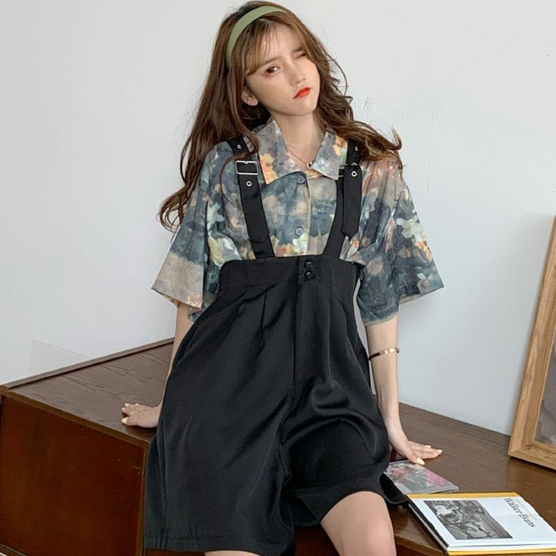 Vintage Lapel T-Shirt Overalls Shorts Two Pieces  |   T-Shirts Clothing Black Overalls