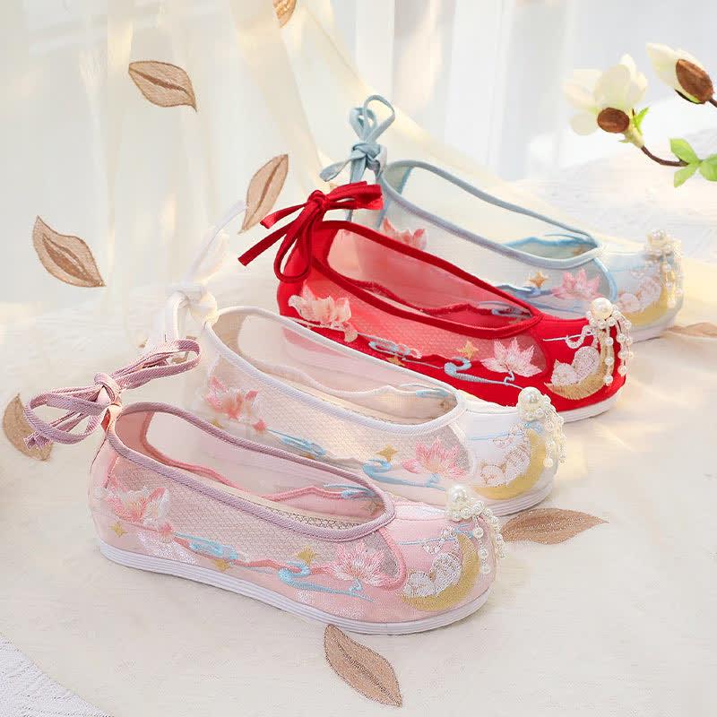 Vintage Lotus Moon Embroidery Pearl Lace Up Flats Shoes  |   Sneakers Shoes A-Blue