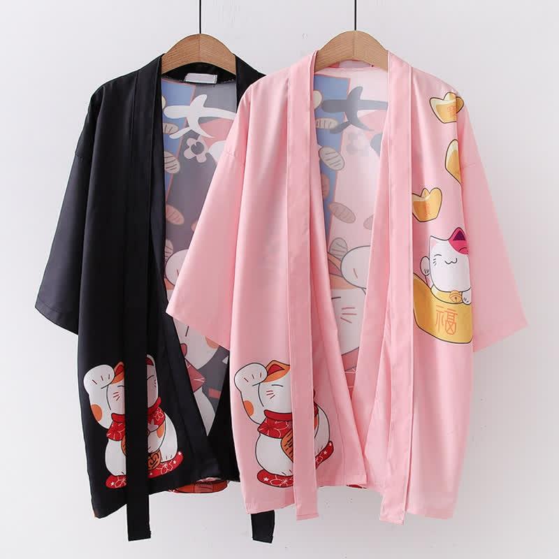 Vintage Lucky Cat Letter Print Cardigan Kimono Outerwear  |   Outerwear Clothing Black