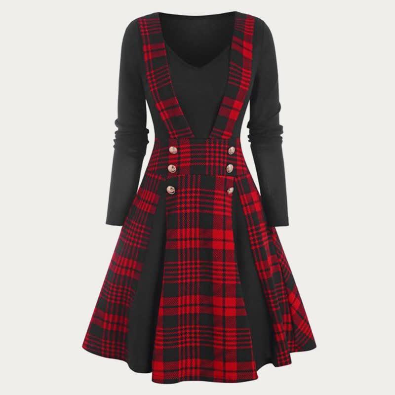 Vintage Plaid Print Fake Two Pieces Long Sleeve Dress  |   Dresses Clothing Dresses