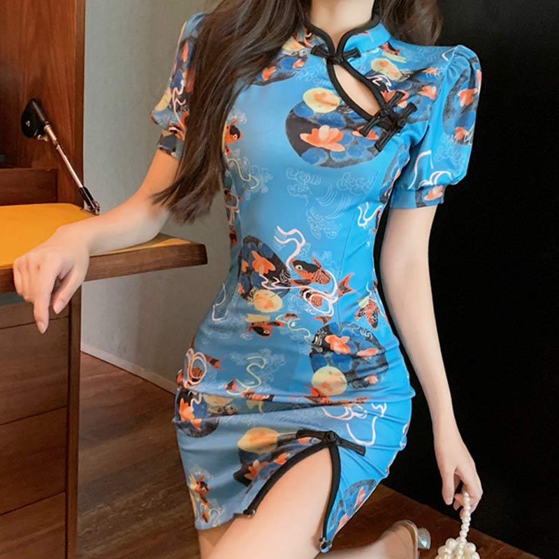 Vintage Print Buckle Split Cheongsam Dress  |   Dresses Clothing Blue