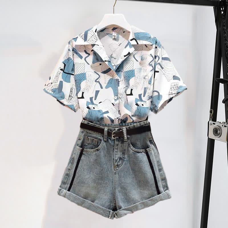 Vintage Print Casual Laple T-Shirt Pocketed Denim Shorts  |   T-Shirts Clothing Shorts A