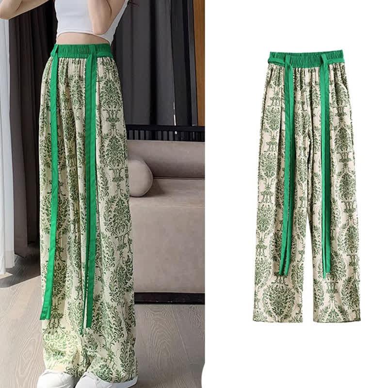 Vintage Print Chiffon Lace Up Wide Leg Pants  |   Pants Clothing Color 1