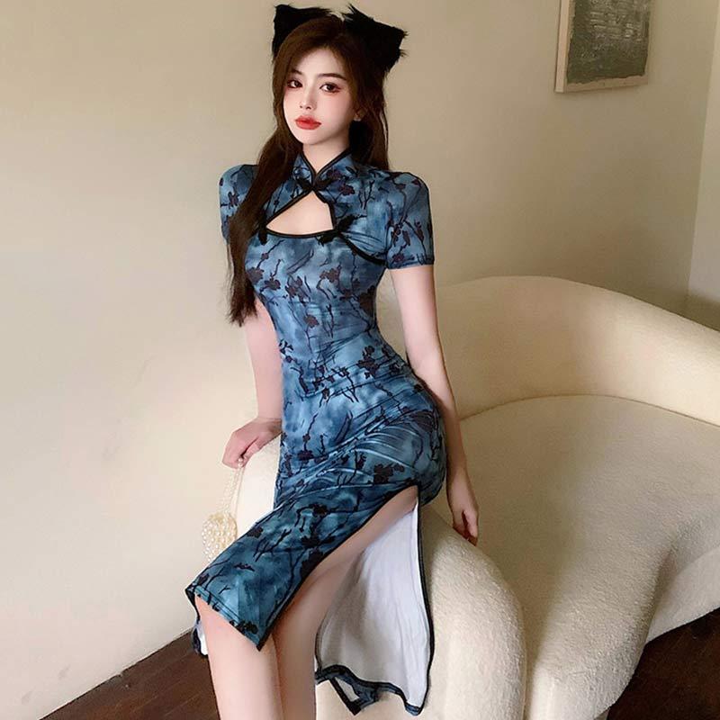 Vintage Print Hollow Out Split Cheongsam Dress  |   Dresses Clothing Blue