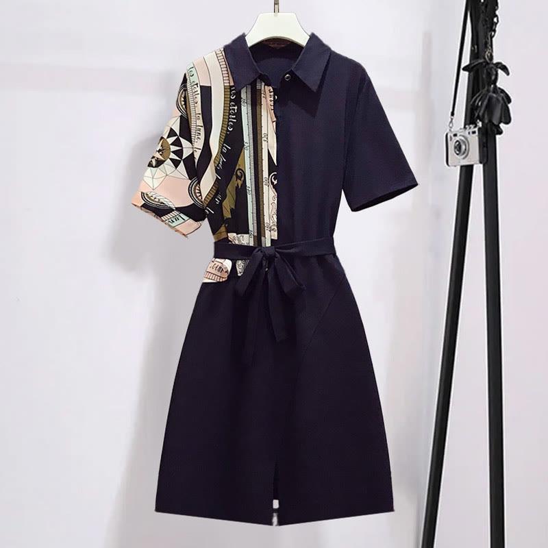 Vintage Print Lace-Up Polo Collar Dress  |   Dresses Clothing Dark Blue