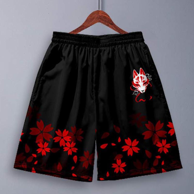 Vintage Sakura Fox Print Casual Shorts  |   Shorts Clothing Black 1