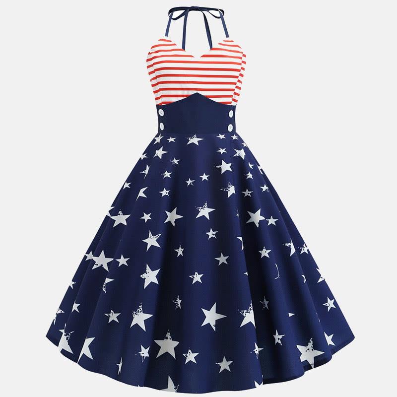 Vintage Stars Print Lace-Up Halter Neck Dress  |   Dresses Clothing Dresses