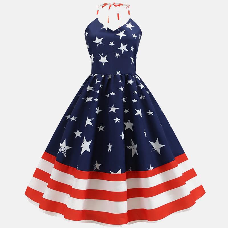 Vintage Stars Stripe Print Lace-Up Halter Neck Dress  |   Dresses Clothing Dresses