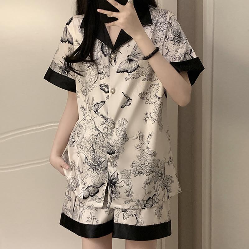 Vintage V-Neck Butterfly Print Top Shorts Pajamas Set  |   Shorts Clothing Set