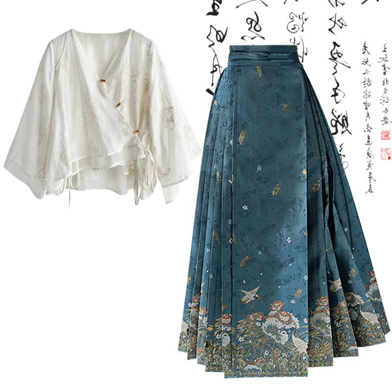 Vintage V-Neck Lace-Up Shirt High Waist Pleated Skirt  |   Skirts Clothing Set