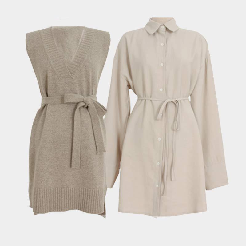 Vintage V-Neck Sleeveless Vest Sweater Lapel Shirt Dress Two Pieces  |   Dresses Clothing Dresses