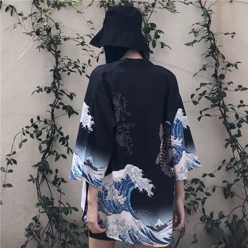 Vintage Wave Carp Print Casual Cardigan Kimono Outerwear  |   Outerwear Clothing Black