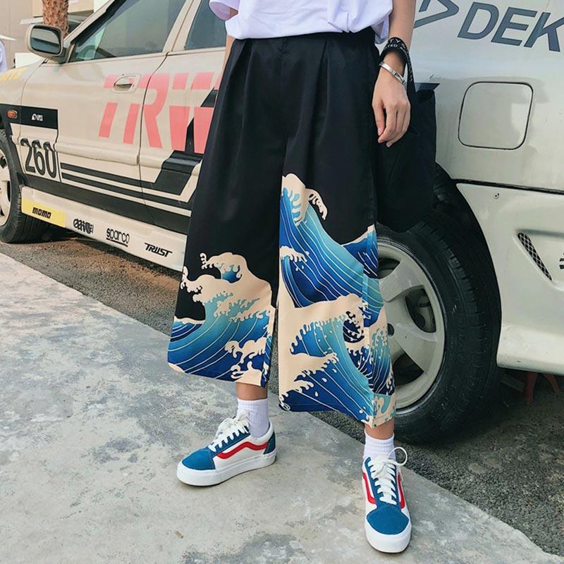 Waves Print Letter High Waist Wide Leg Loose Pants  |   Pants Clothing Letter