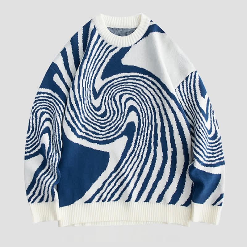 Whirlpool Print Colorblock Round Collar Knitted Sweater  |   Sweater Clothing Blue