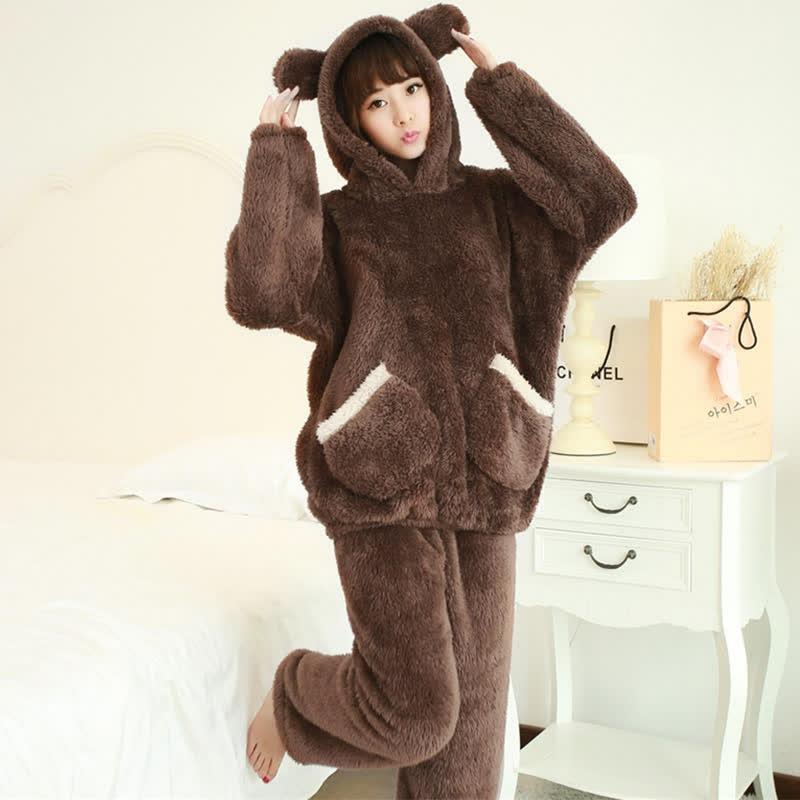 Women Bear Plush Hooded Pajama Set  |   Pajamas Clothing Apricot