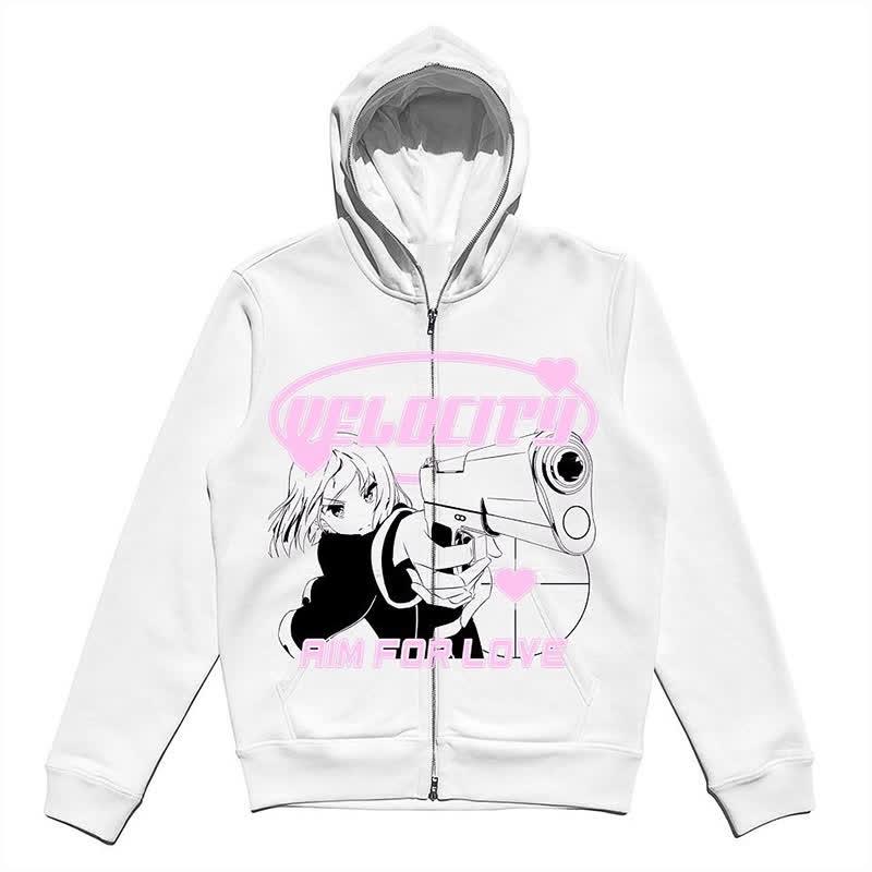 Y2K Anime Graphic Print Full Zip Hooded Sweatshirt  |   Sweatshirts & Hoodies Clothing Black