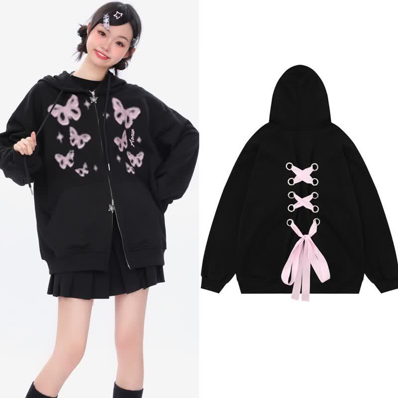 Y2K Butterfly Print Lace Up Zipper Hooded Sweatshirt  |   Sweatshirts & Hoodies Clothing Black