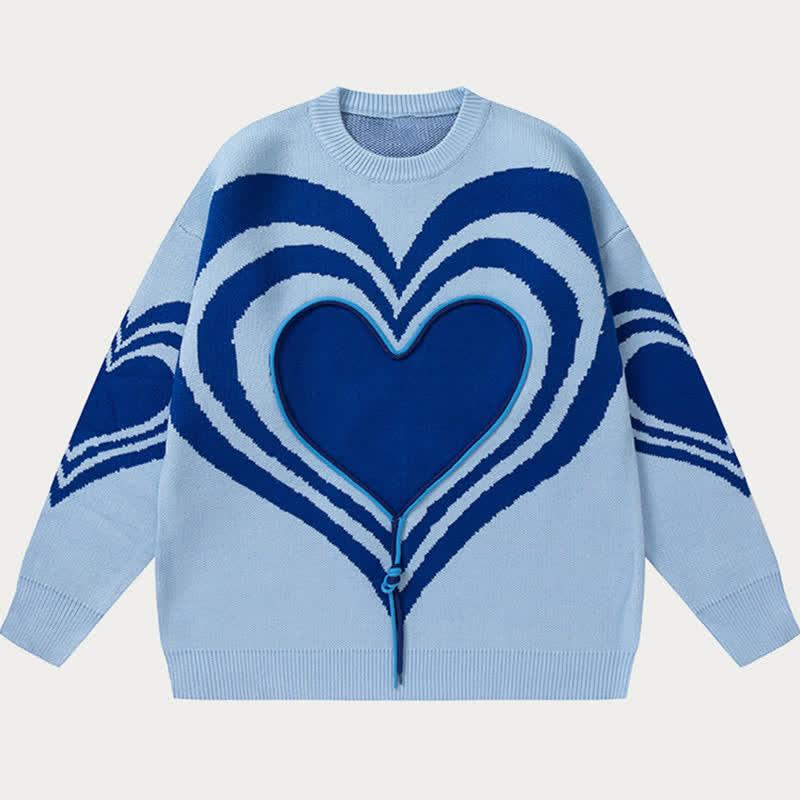 Y2K Love Heart Round Collar Colorblock Knitted Sweater  |   Sweater Clothing Black