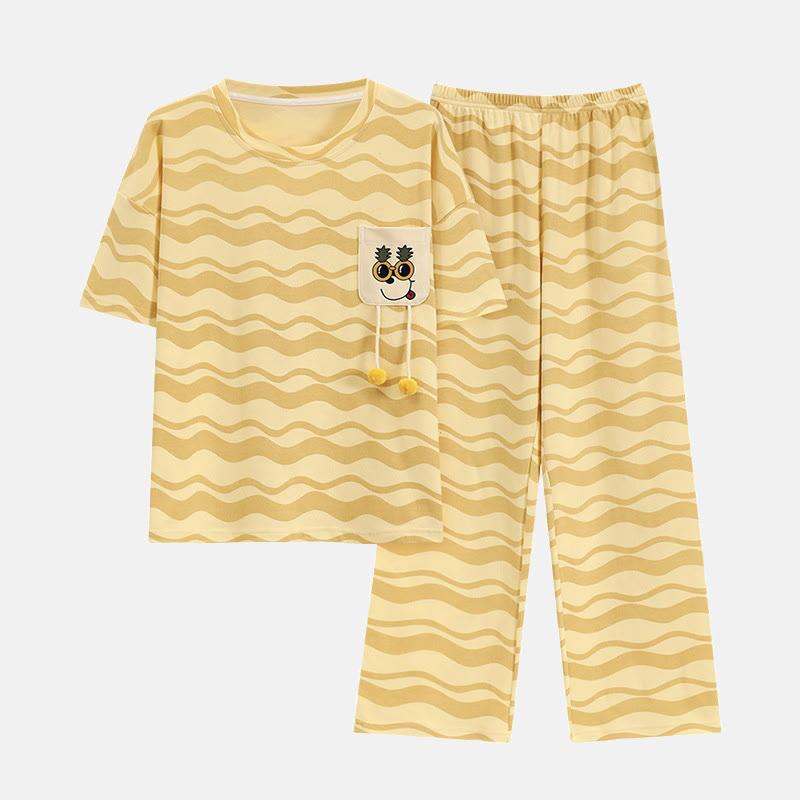 Yellow Stripe Print T-Shirt Pants Pajamas Two Piece Set  |   Pants Clothing Pajamas