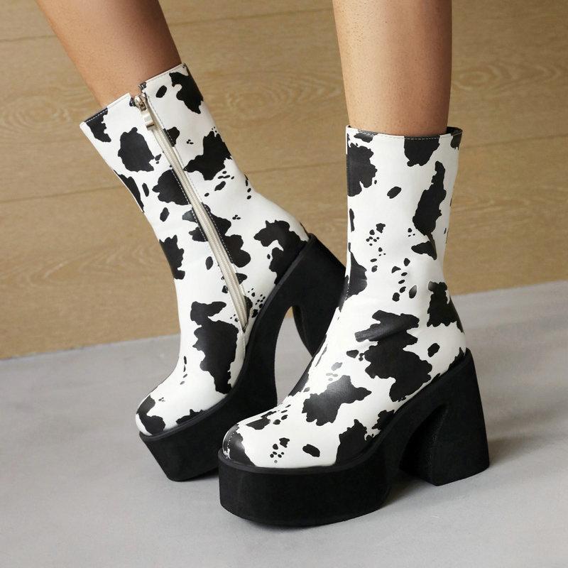 Zebra Cow Print Slip-On Platform Boots  |   Boots Boots Black