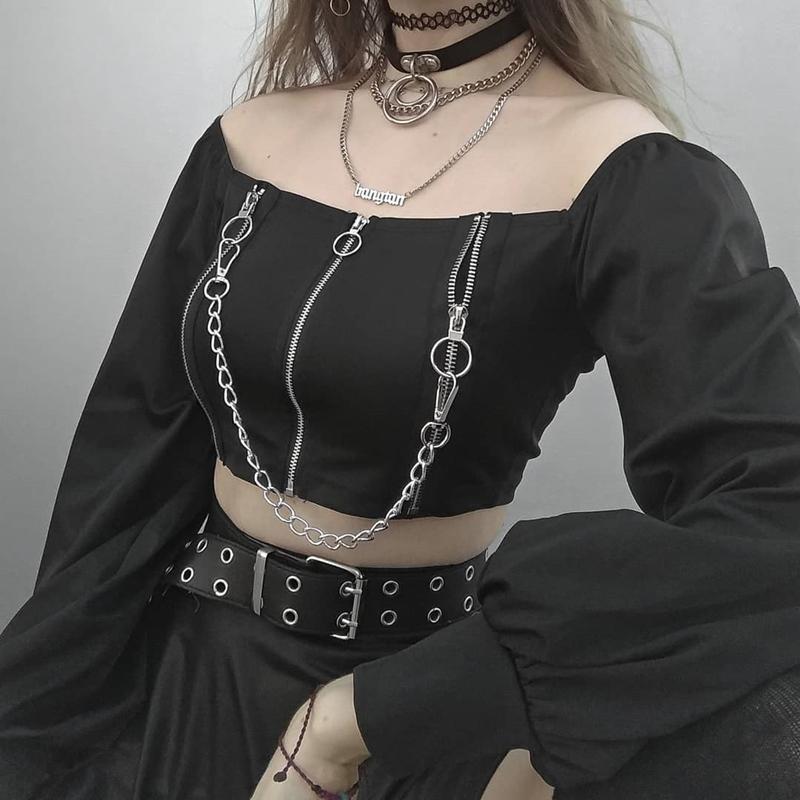 Zipper Chain Square Neck Crop Top Sweatshirt  |   Crop Tops & Camis Clothing Black