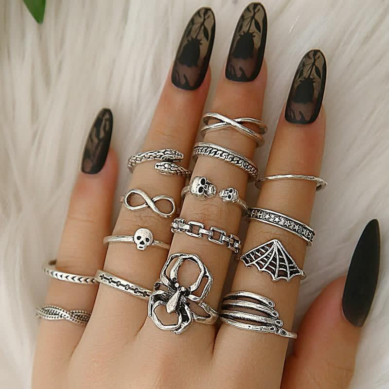 15 Pack Gothic Skull Spider Pattern Design Rings  |   Jewelry Accessories Jewelry