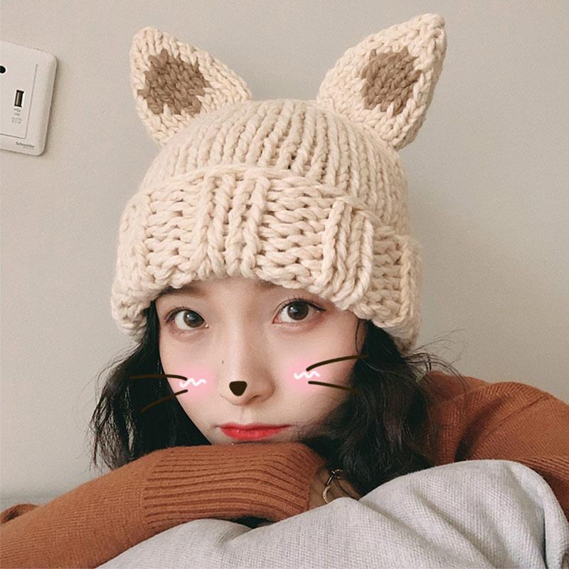 Cute Cartoon Cat Ears Knit Hat  |   Hats & Scarfs Accessories Beige